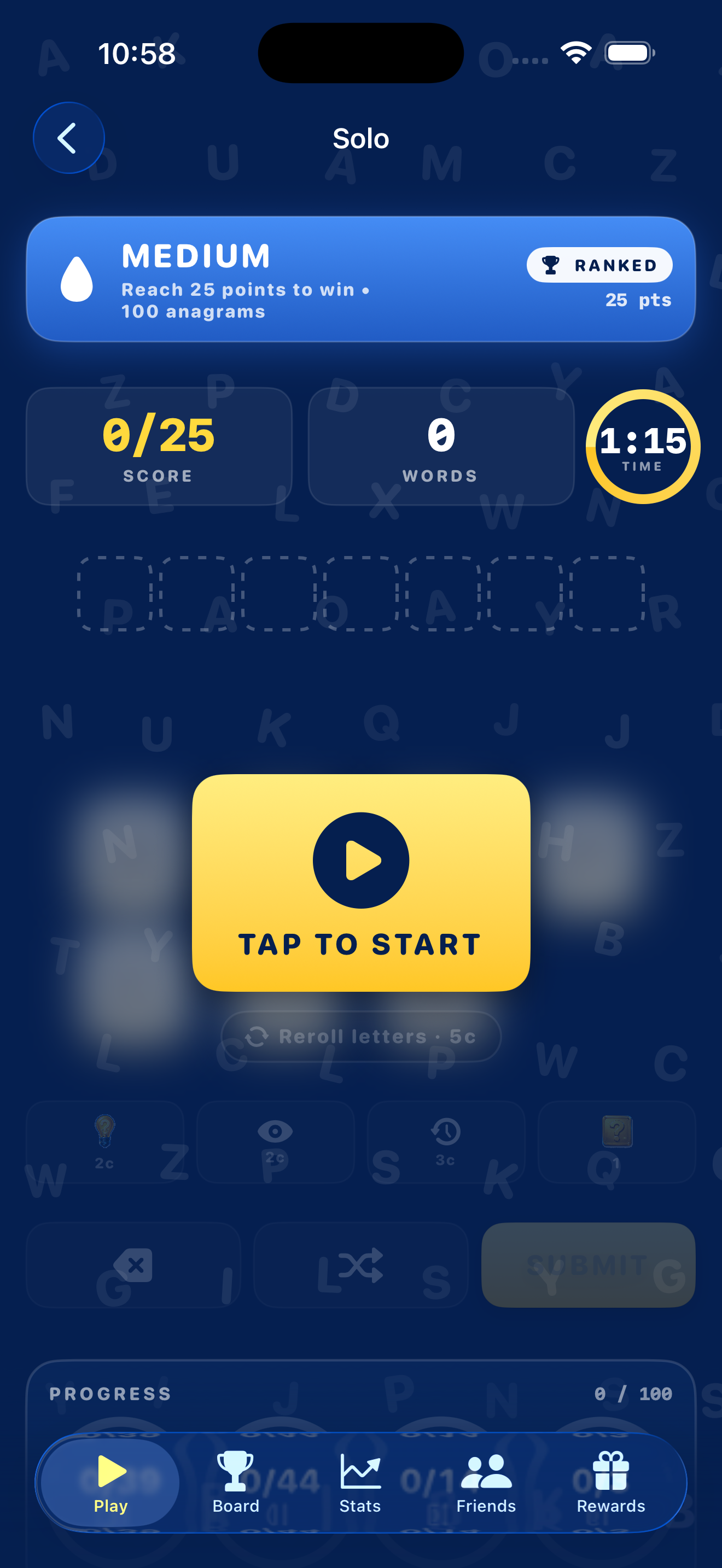 Solo setup — pick word length, difficulty tier, and ranked mode