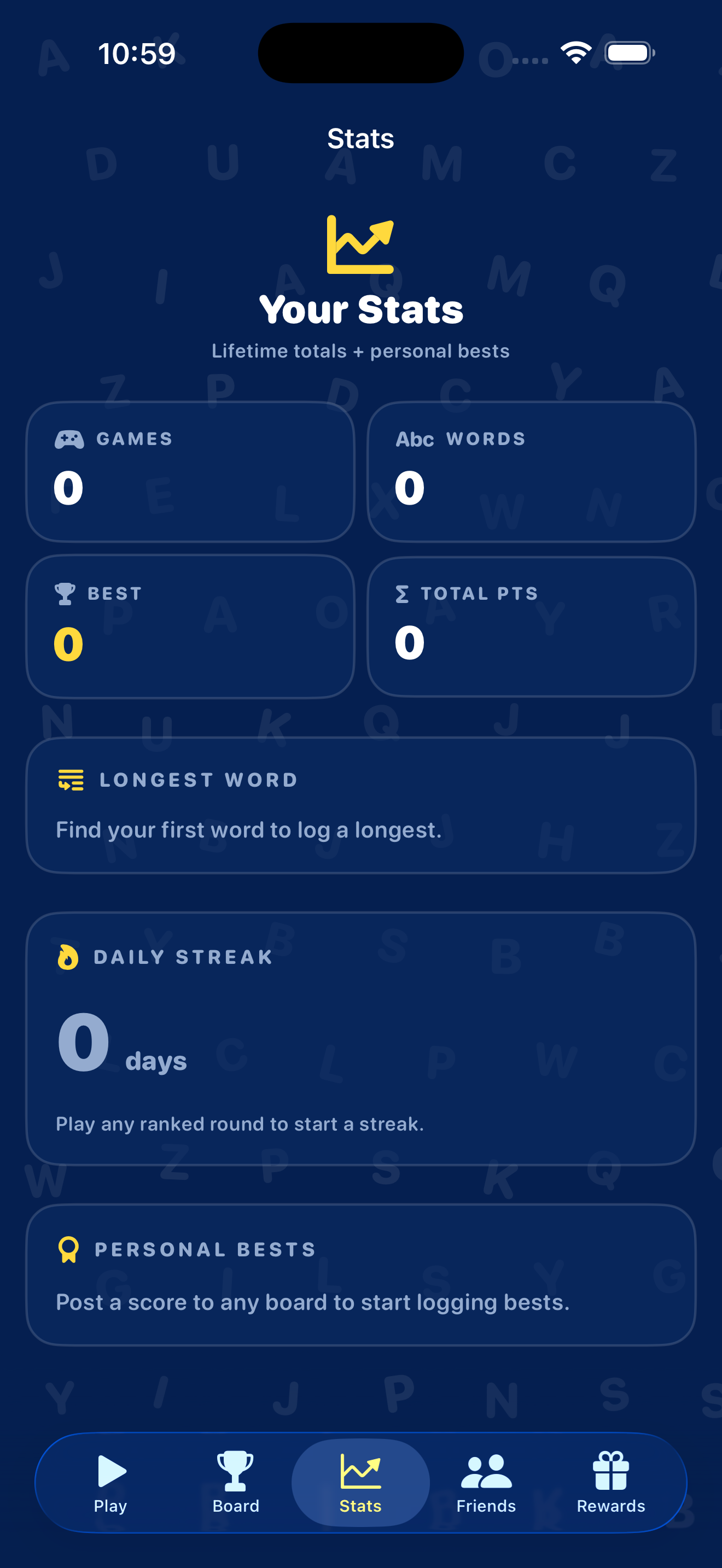 Stats — games played, words found, best score, streaks