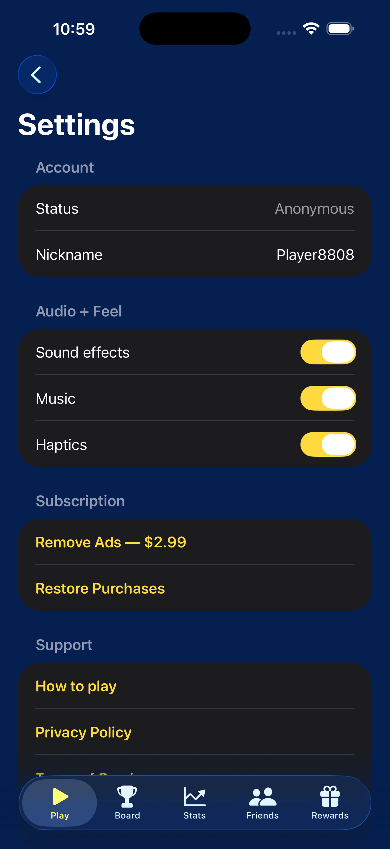 Settings — display name, sign-in, account actions